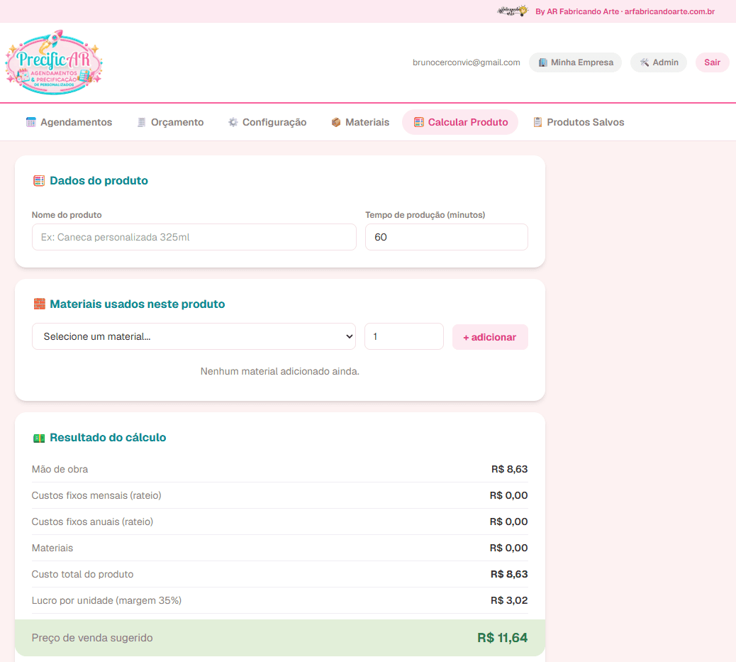 Tela da calculadora de preço do PrecificAR mostrando o preço de venda sugerido